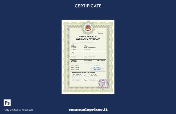 certificato di matrimonio della Repubblica Ceca in stile verificato. Modello Wor